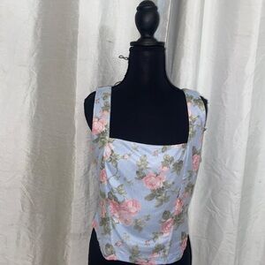 Floral Square Neck Blouse - Blue and Pink
